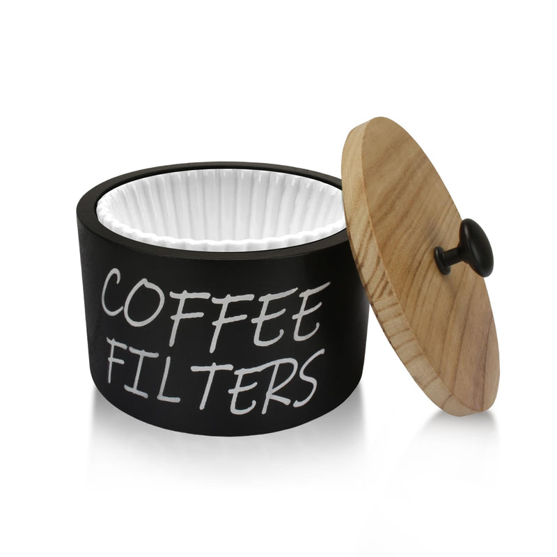 LVACODV Coffee Filter Holder Large Capacity Coffee Filter Storage Container with Wood Lid Round Coffee Filter Dispenser Rustic Farmhouse Coffee Filter Organizer for Coffee Bar Counter Decor (Black)